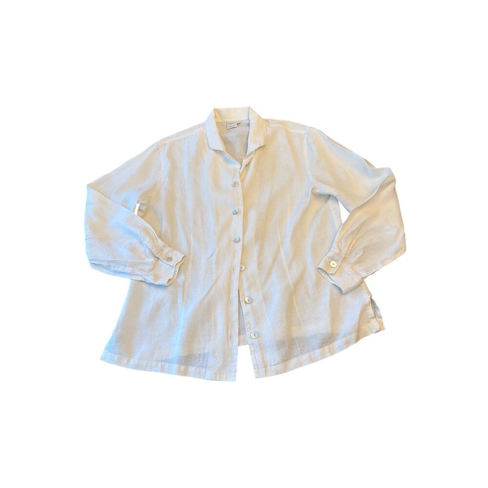 Garnet Hill White  Linen Button-Front Shirt Size 14 Long Sleeve Blouse Relaxed